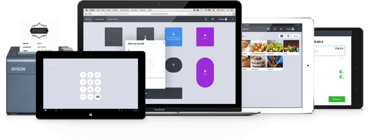 Poster running across the hardware family: a receipt printer, tablets, a laptop and iPad registers