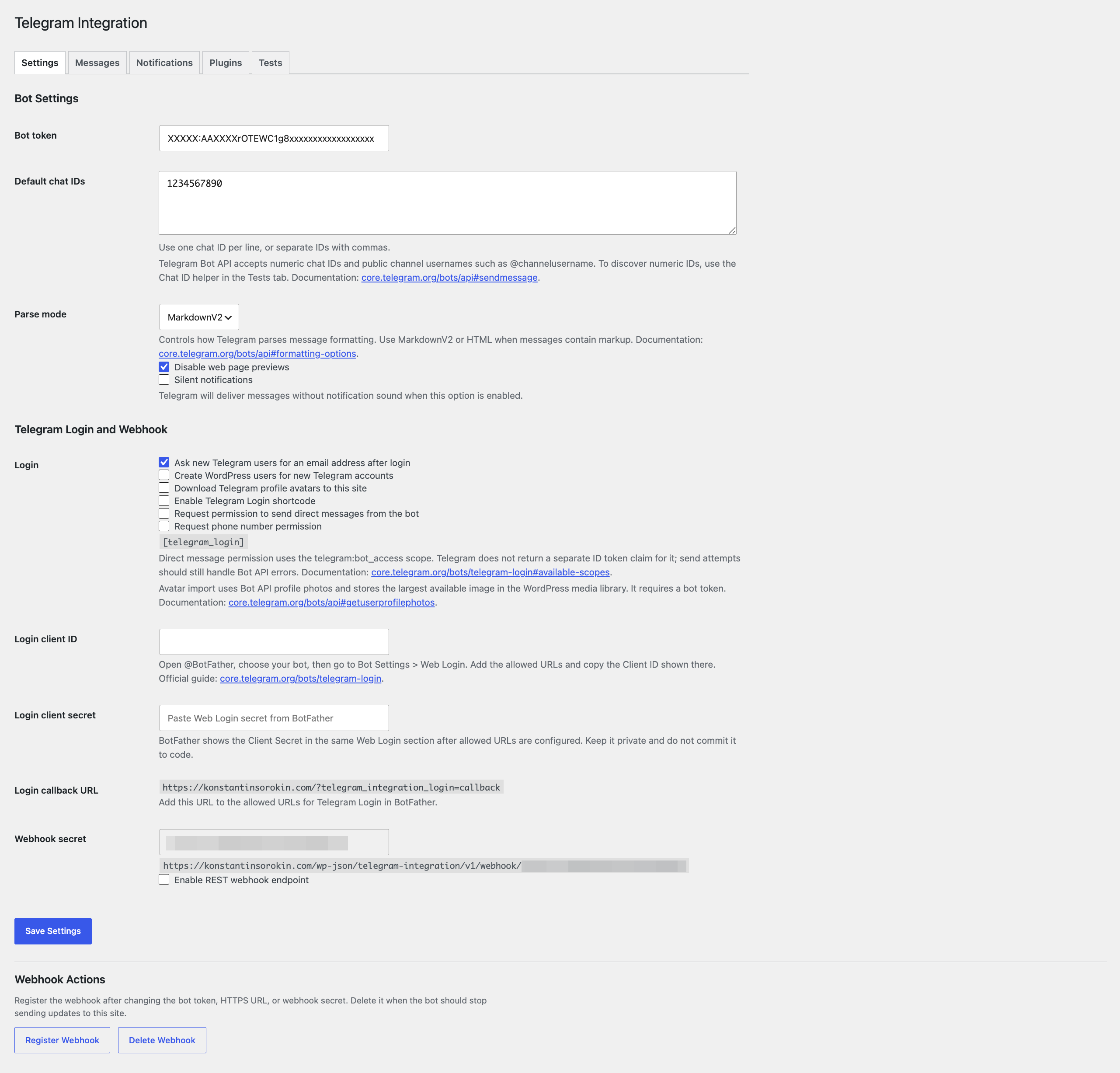 Telegram Integration settings screen: bot token, default chat IDs, parse mode, Telegram Login and webhook