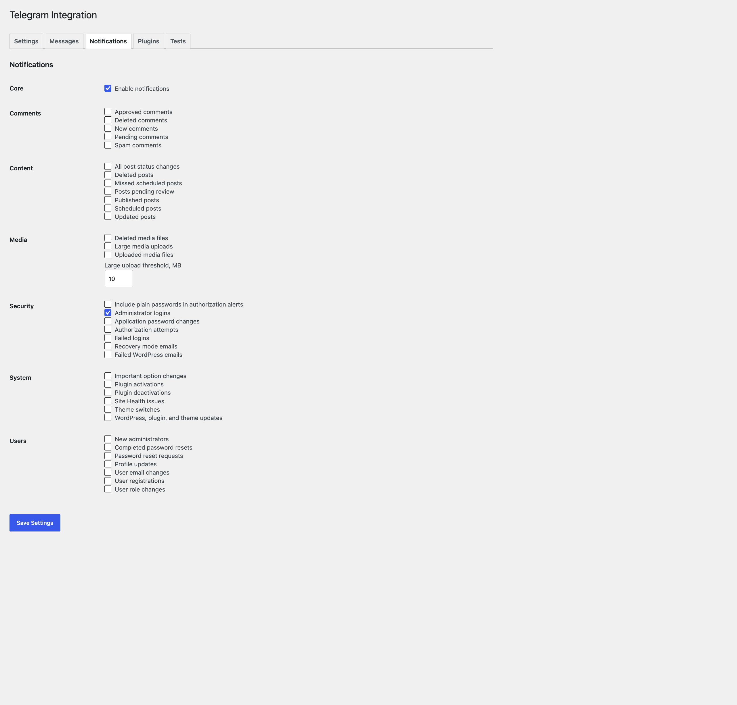 Notifications screen with switches grouped by core, comments, content, media, security, system and users