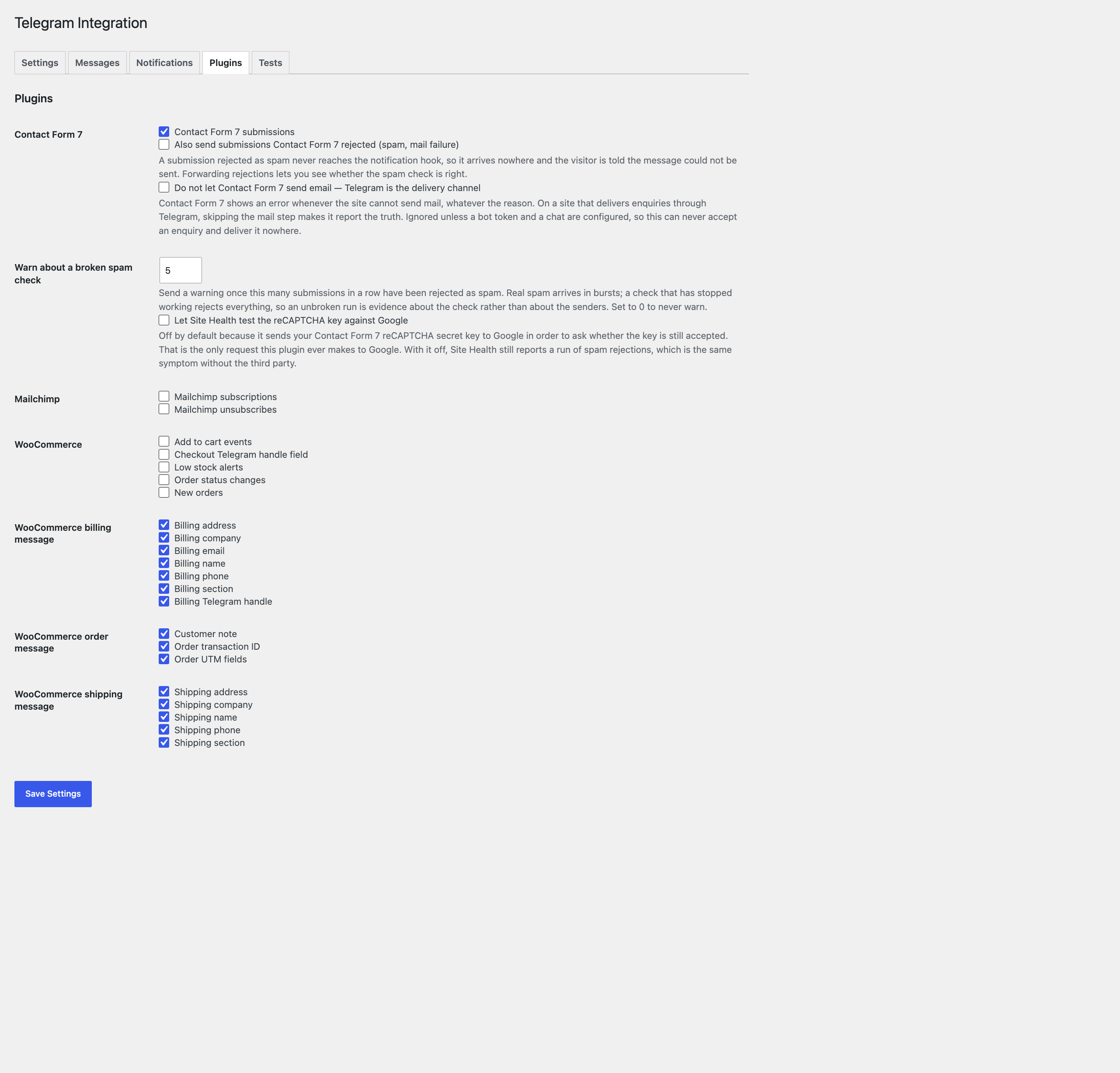 Plugins screen with Contact Form 7, Mailchimp and WooCommerce integration options