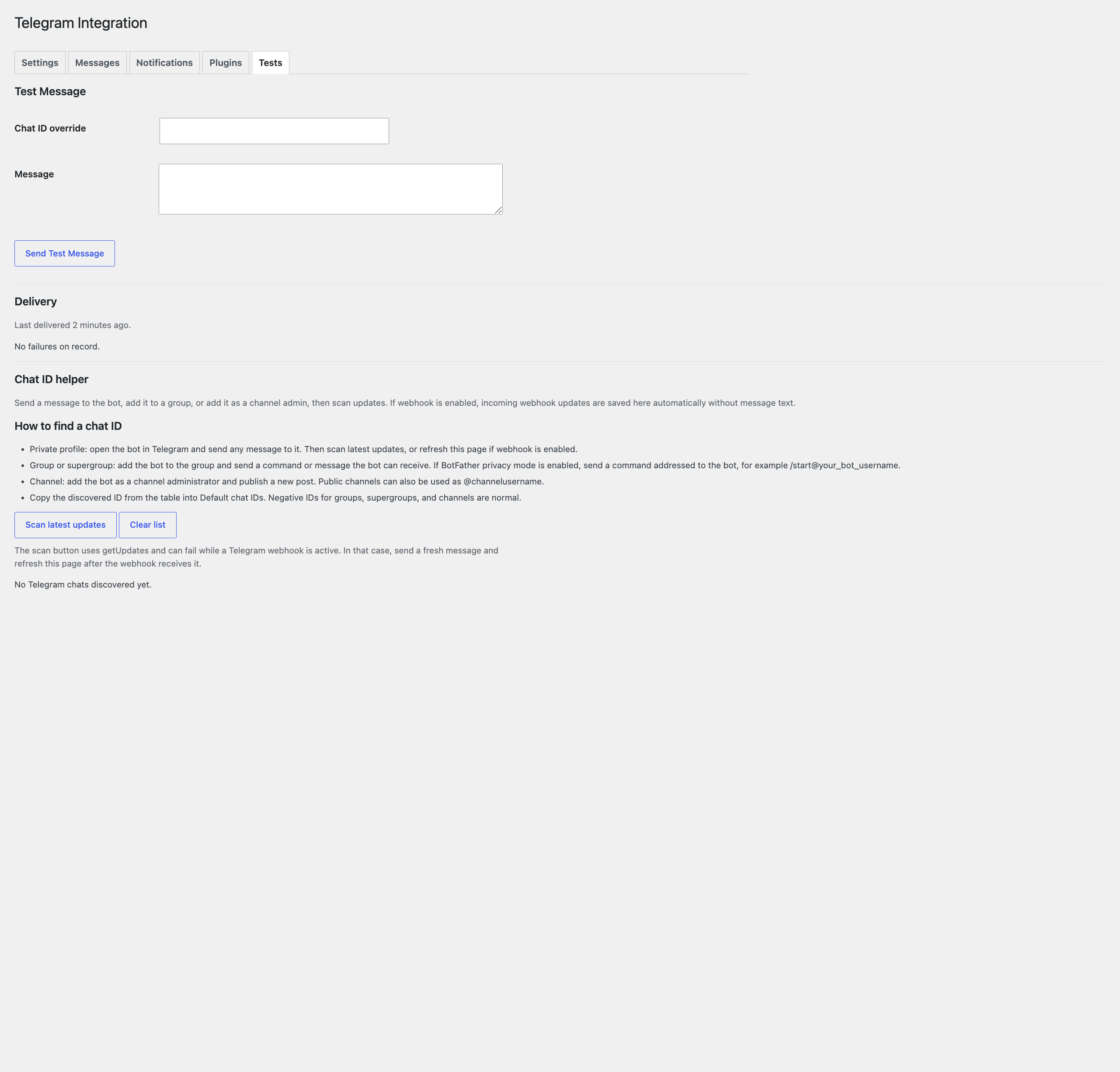 Tests screen with a test message sender, delivery state and the chat ID helper